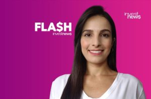 Apresentadora sorridente de investnews em fundo roxo, com logo "FLASH investnews" (com cifrão).