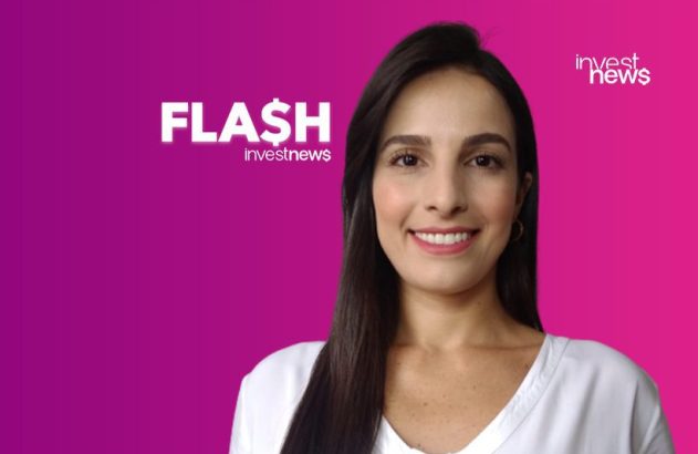 Apresentadora sorridente de investnews em fundo roxo, com logo "FLASH investnews" (com cifrão).