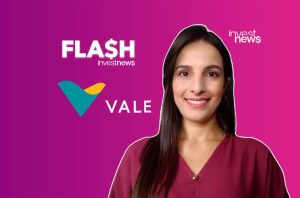 Mulher sorrindo em fundo roxo. Logos "Flash Investnews" e "Vale" com seu logo, indicando conteúdo financeiro.
