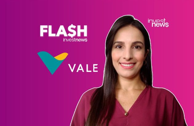 Mulher sorrindo em fundo roxo. Logos "Flash Investnews" e "Vale" com seu logo, indicando conteúdo financeiro.