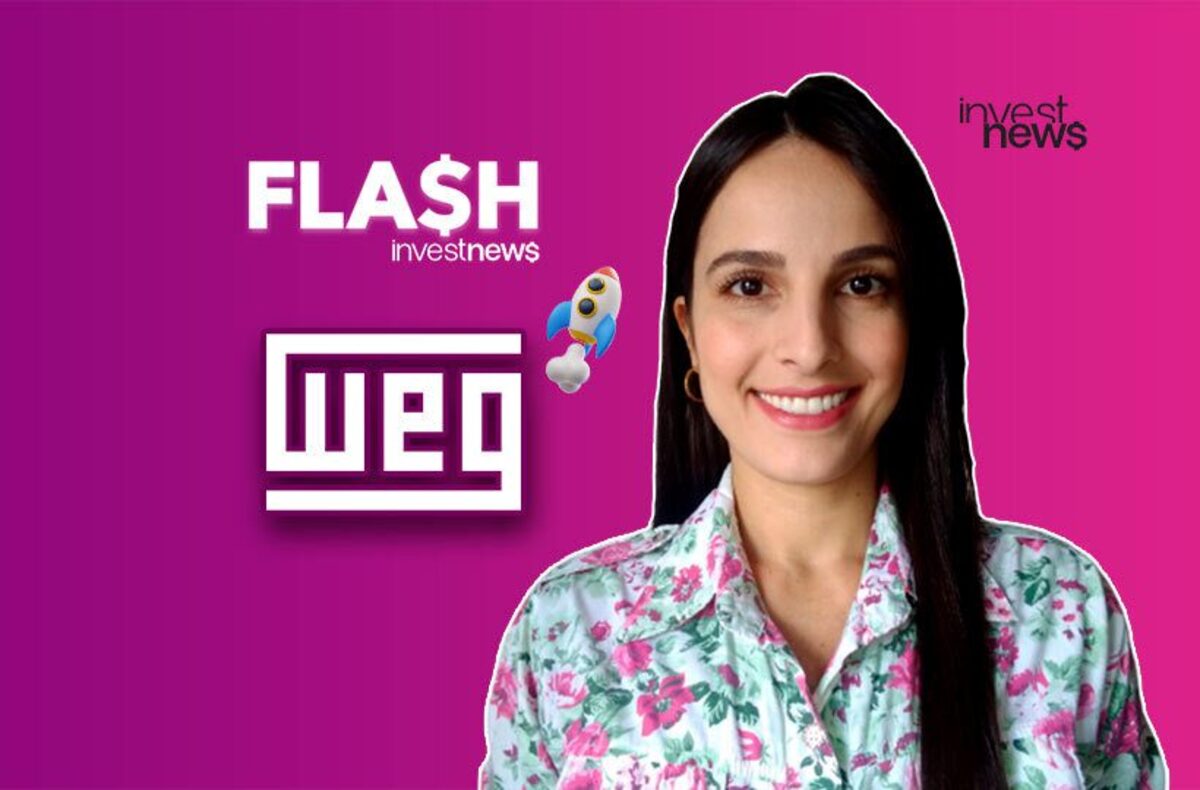 Mulher sorridente com logo 'FLASH investnews', 'WEG' e foguete em fundo roxo. Notícias de investimentos.