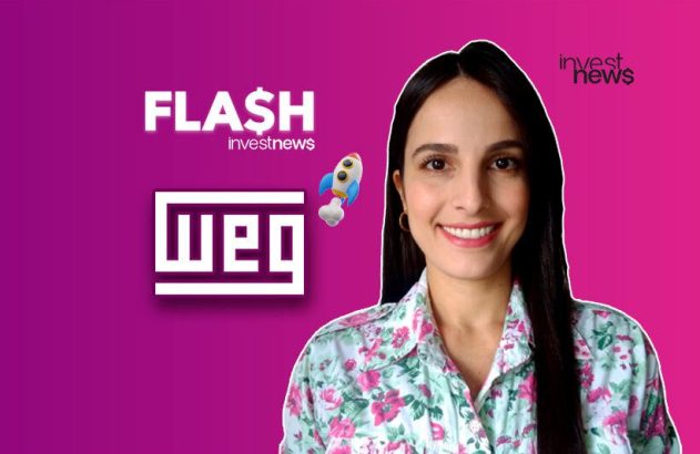 Mulher sorridente com logo 'FLASH investnews', 'WEG' e foguete em fundo roxo. Notícias de investimentos.