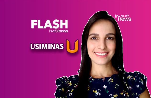 Mulher sorri em fundo roxo com textos "FLASH investnews", "USIMINAS U" e logo "invest news".