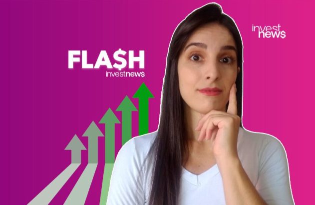 Mulher em pose pensativa ao lado de setas de crescimento e logo 'FLASH investnews'. Tema: notícias financeiras.