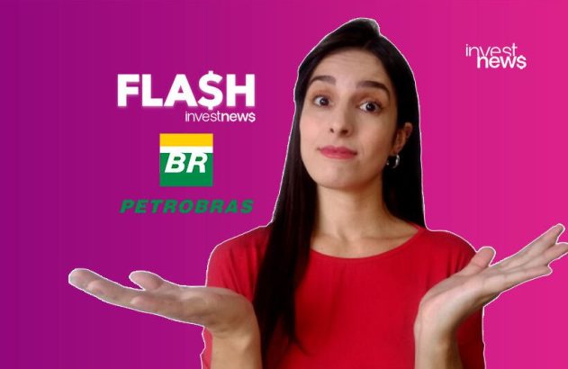 Mulher gesticulando com as mãos abertas, em fundo roxo/rosa, com textos "FLASH investnews", "BR" e "PETROBRAS".