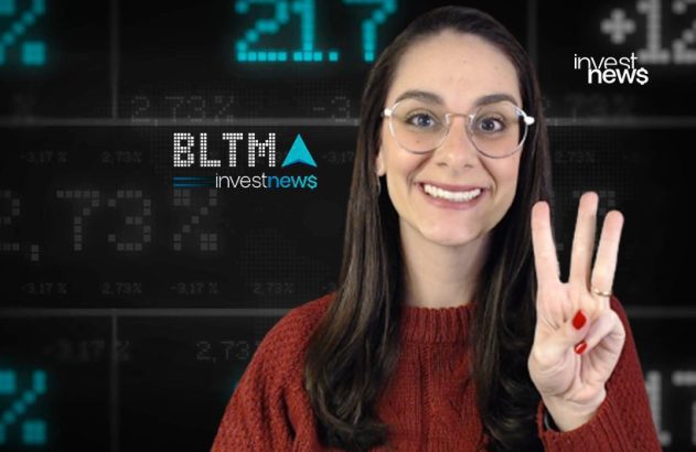 Mulher sorridente de óculos e suéter vermelho mostra 3 dedos. Fundo digital com dados financeiros e logos investnews.