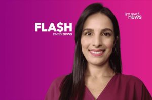 Mulher sorrindo, cabelo escuro, em fundo roxo-magenta. Logos: "FLASH investnews" (com cifrão) e "investnews".