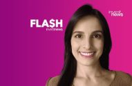 Mulher sorrindo para a câmera, em fundo roxo com os logos 'FLASH' e 'investnews'.