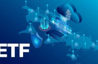 ETF: rede global de dados e segurança digital, com laptop, nuvem, servidores e escudo sobre mapa-múndi.