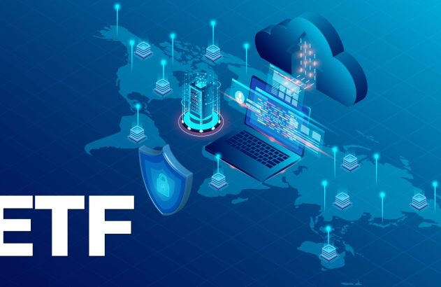 ETF: rede global de dados e segurança digital, com laptop, nuvem, servidores e escudo sobre mapa-múndi.