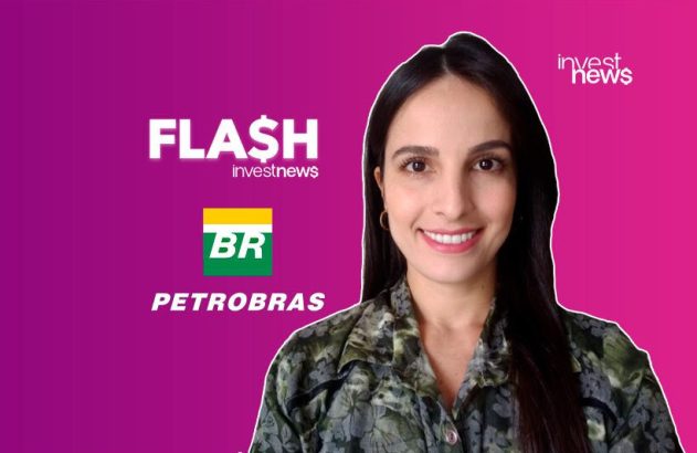 Apresentadora sorrindo em fundo roxo, com logos 'FLASH investnews' e 'PETROBRAS'.