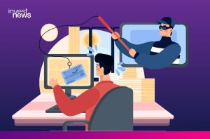 Homem no computador sendo alvo de golpe de phishing, com ladrão virtual tentando roubar cartão de crédito.
