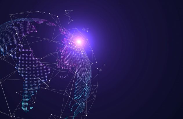 Globo terrestre digital com pontos e linhas de conexão em fundo escuro. Luz e brilho simbolizam rede global e tecnologia.