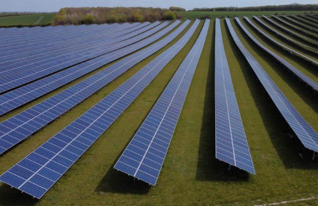Vista aérea de fazenda solar: longas fileiras de painéis azuis em campo verde.