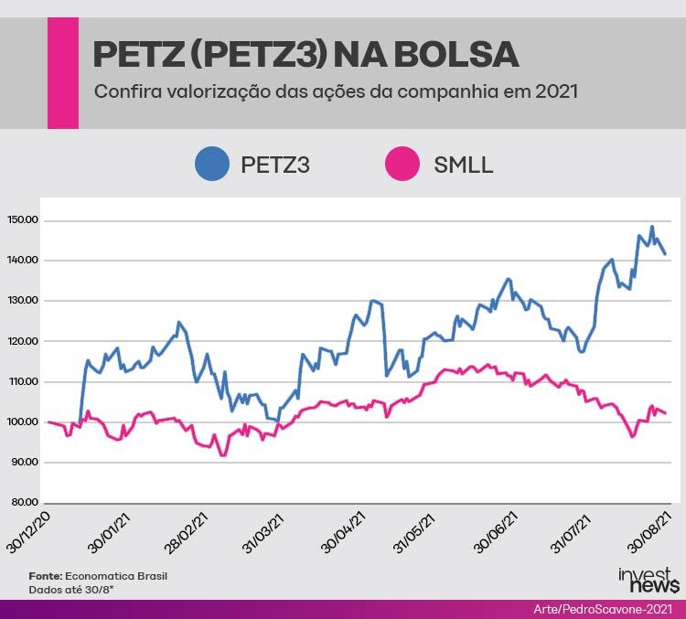 Gráfico mostrando a valorização das ações da petz (petz3) na bolsa em 2021.