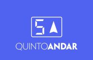Logo QuintoAndar: 5 e seta para cima em retângulo branco, com 'QUINTOANDAR' em branco, sobre fundo azul.