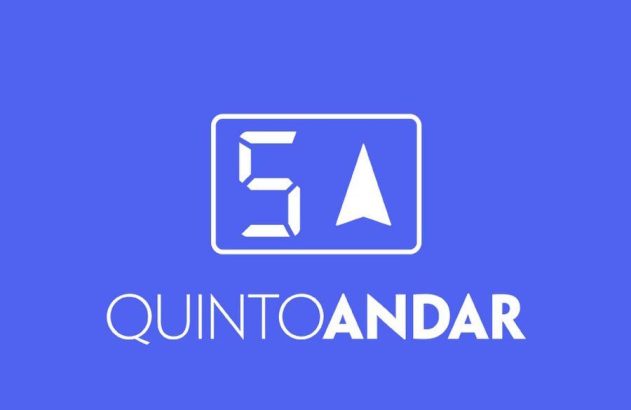 Logo QuintoAndar: 5 e seta para cima em retângulo branco, com 'QUINTOANDAR' em branco, sobre fundo azul.