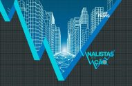 Gráfico azul de picos e vales sobre cidade digital. Em destaque 'Invest news' e 'Analistas em Ação', indicando análise financeira.