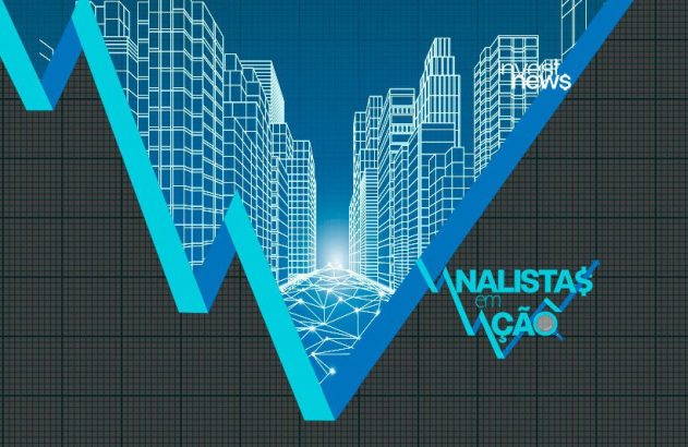 Gráfico azul de picos e vales sobre cidade digital. Em destaque 'Invest news' e 'Analistas em Ação', indicando análise financeira.