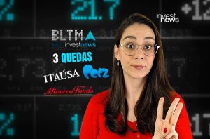 Apresentadora da Investnews, com 3 dedos, aborda '3 quedas' de empresas como Itaúsa e Minerva Foods em cenário financeiro.