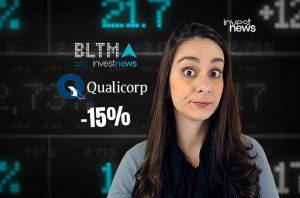 Mulher surpresa com informações de mercado financeiro digital no fundo, incluindo logos de empresas e '-15%'.