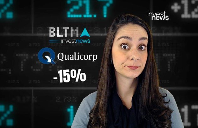 Mulher surpresa com informações de mercado financeiro digital no fundo, incluindo logos de empresas e '-15%'.