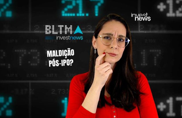 Mulher de óculos e camisa vermelha pensativa, com fundo de dados financeiros e o texto "Maldição Pós-IPO?".