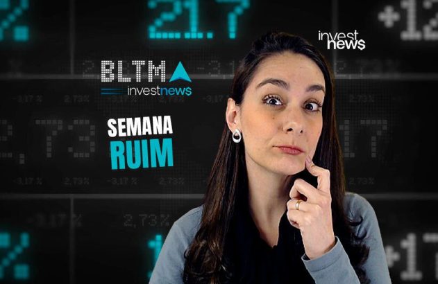 Apresentadora pensativa sobre fundo com dados financeiros da Investnews e texto "SEMANA RUIM".