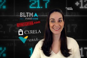 Mulher sorridente em cenário financeiro com logos: Americanas, Cyrela, Vale, Investnews.