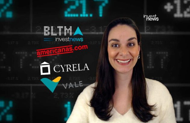 Mulher sorridente em cenário financeiro com logos: Americanas, Cyrela, Vale, Investnews.