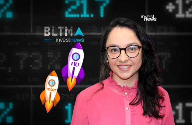 Mulher sorri em frente a tela digital de mercado financeiro com foguetes do Nu e Inter. InvestNews.