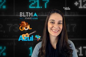 Mulher sorrindo em tela de notícias financeiras. Dados de mercado e logos Investnews, BLTM, Gol e Azul ao fundo.
