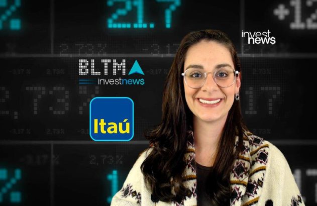 Mulher sorridente com óculos, ao lado de logos Investnews, BLTMA e Itaú em fundo financeiro.