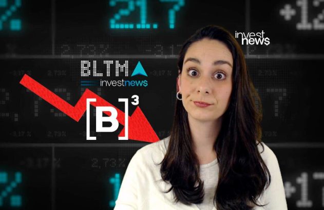 Mulher com olhos arregalados reage a gráficos de mercado em queda e seta vermelha. Logo Investnews.