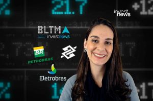 Mulher sorridente em fundo de dados financeiros, com logos Investnews, Petrobras e Eletrobras.