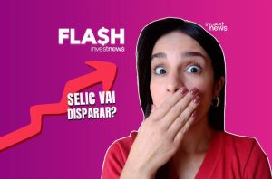 Mulher surpresa com mão na boca, seta para cima e a pergunta 'SELIC VAI DISPARAR?'. Conteúdo Investnews.