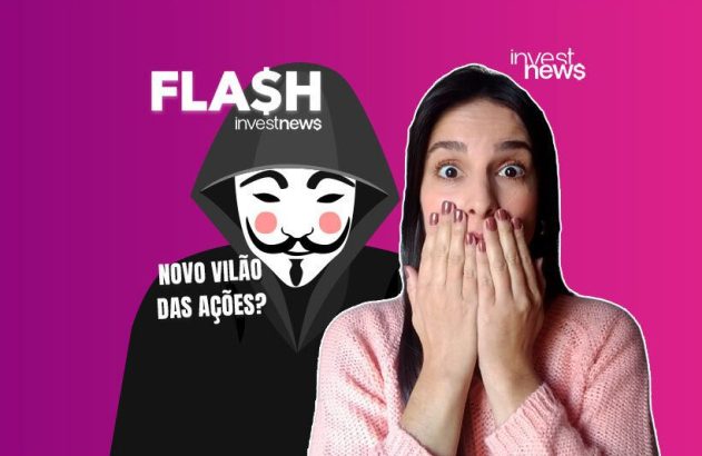 Mulher chocada com figura de capuz e máscara Anonymous; texto: 'Novo vilão das ações?'