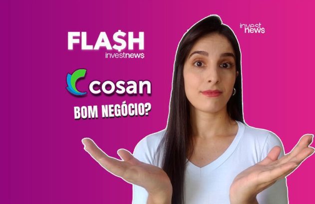 Mulher em camisa branca e mãos abertas. Textos: 'FLASH investnews' e 'Cosan BOM NEGÓCIO?' em fundo roxo.
