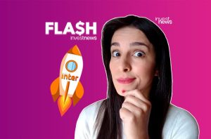 Mulher surpresa em anúncio 'FLA$H investnews' com foguete 'Inter', sobre notícias financeiras urgentes.