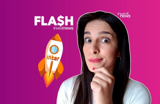 Mulher surpresa em anúncio 'FLA$H investnews' com foguete 'Inter', sobre notícias financeiras urgentes.