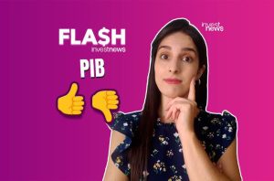 Mulher pensativa, texto "FLASH investnews PIB" e emojis de polegar para cima e para baixo.
