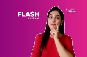 Mulher pensativa tocando o queixo em fundo roxo e rosa. Logos 'FLASH investnews' e 'investnews'.