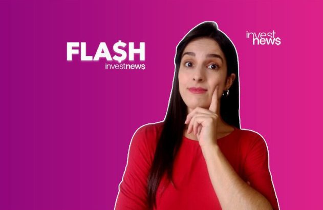 Mulher pensativa tocando o queixo em fundo roxo e rosa. Logos 'FLASH investnews' e 'investnews'.