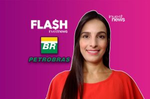 Apresentadora sorridente com logos "FLASH", "investnews", "BR" e "PETROBRAS" em fundo roxo, sobre finanças.