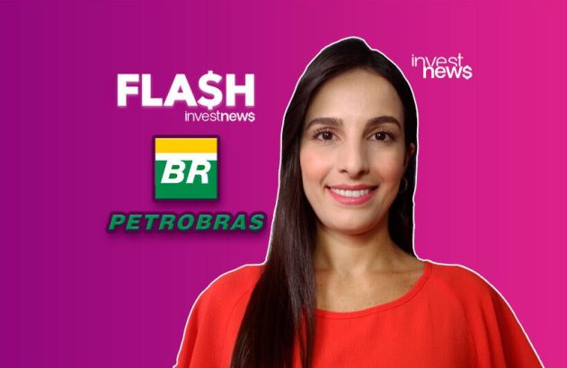 Apresentadora sorridente com logos "FLASH", "investnews", "BR" e "PETROBRAS" em fundo roxo, sobre finanças.