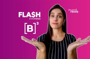Mulher encolhe os ombros, expressão de dúvida. Textos 'FLASH investnews' e '[B]³'.