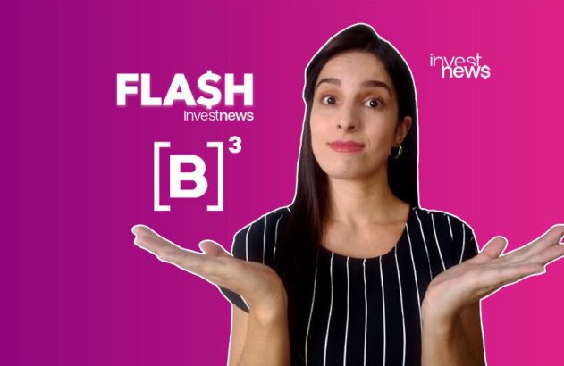 Mulher encolhe os ombros, expressão de dúvida. Textos 'FLASH investnews' e '[B]³'.