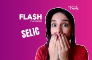 Mulher chocada com as mãos na boca ao lado dos textos "FLASH" e "SELIC" em um fundo roxo.