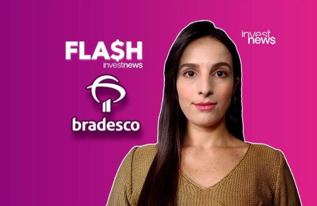 Mulher em vídeo/banner de notícias 'FLASH Investnews' com logo Bradesco em fundo roxo. Tema: finanças.