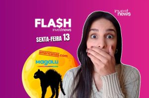 Mulher surpresa com mão na boca. Fundo roxo com texto "Sexta-Feira 13", logos Americanas e Magalu, e gato preto.